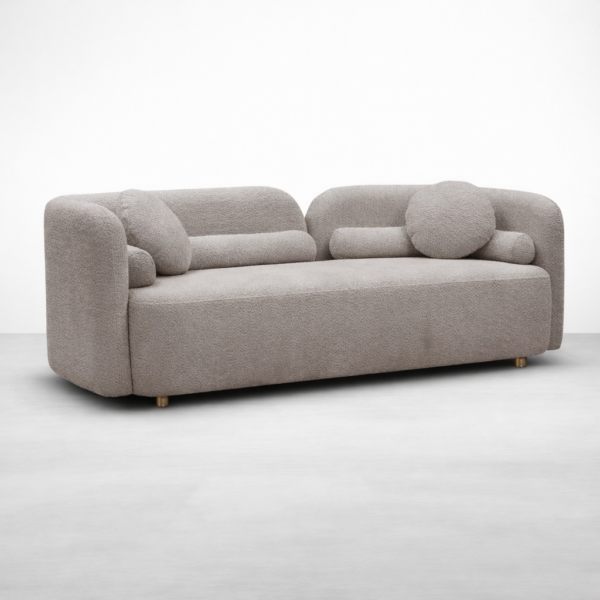 Angled view of Cloud Boucle 3 Seater Sofa in light grey by INTERIORZE