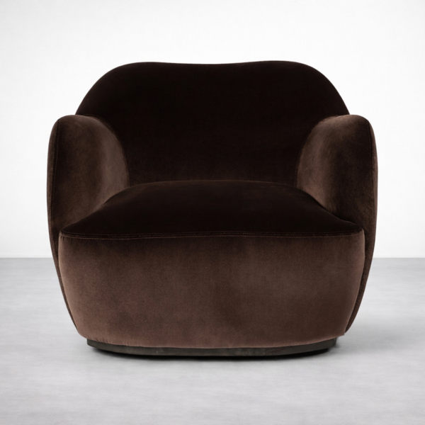 brown velvet accent chair front view with rounded arms