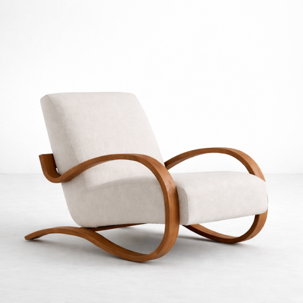 INTERIORZE curved teakwood arm lounge chair with beige upholstery