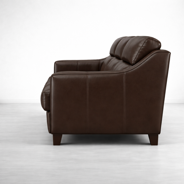 Side view of dark brown faux leather 3 seater sofa by INTERIORZE