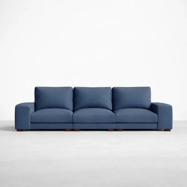 Front view of INTERIORZE Vihaan navy blue deep 3 seater sofa with wide arms and walnut block feet