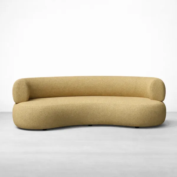 Front view of INTERIORZE Amaira curved beige 3 seater sofa with continuous rounded backrest