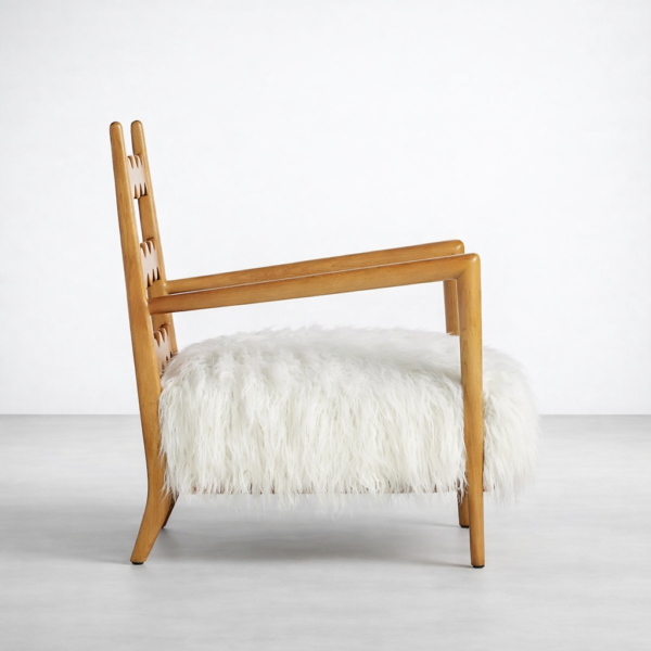Side view of INTERIORZE ash wood faux fur lounge chair with white faux fur seat
