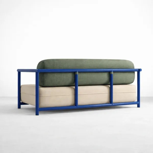 Blue frame lounge sofa rear angle view showing blue metal structure and olive backrest by INTERIORZE