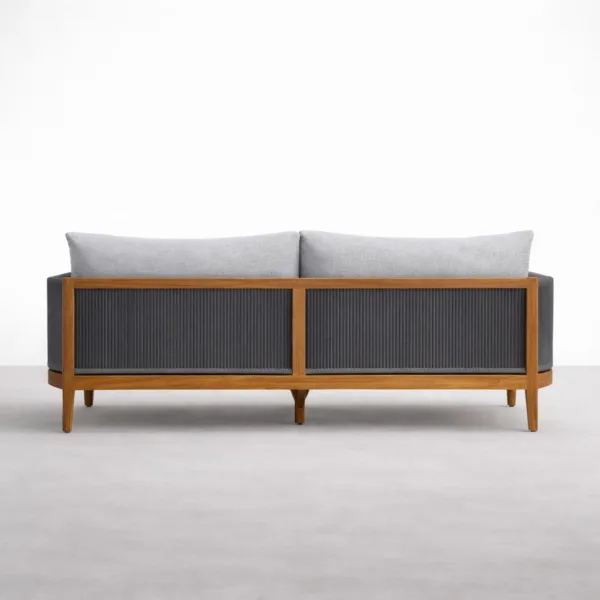 Back view of INTERIORZE Kiaan teak wood rope 3 seater sofa with charcoal rope back panels and teak frame