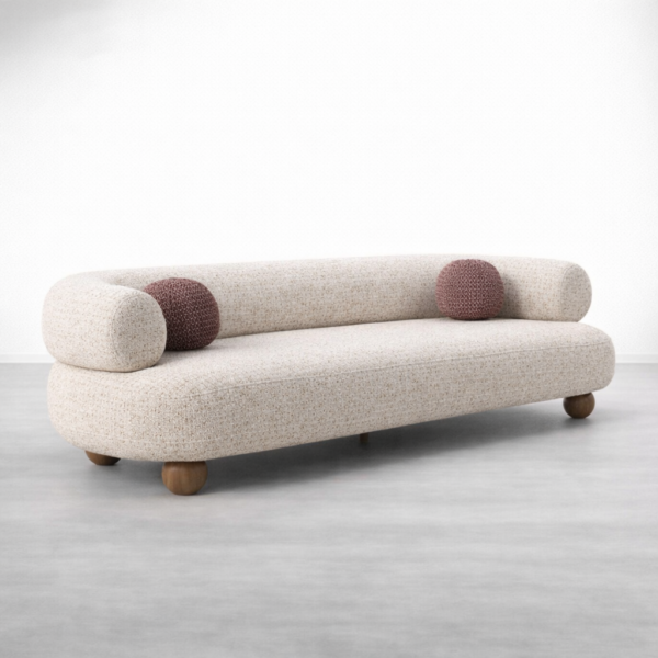 Curved boucle 3 seater sofa ivory with rounded backrest by INTERIORZE