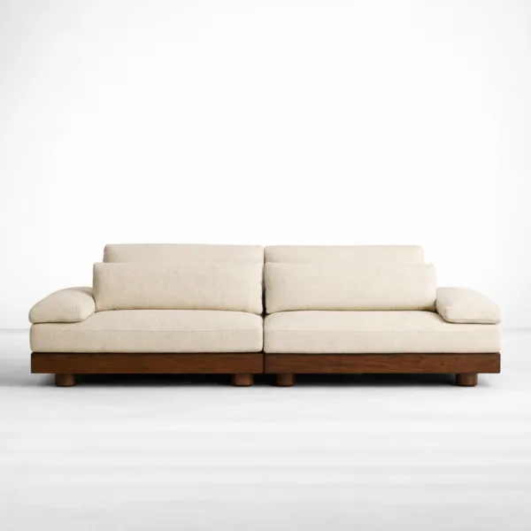 Ivory boucle sofa front view teakwood base modern modular lounge sofa INTERIORZE TeakLounge
