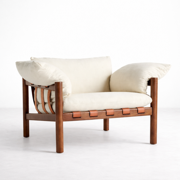 INTERIORZE teakwood leather strap lounge chair with cream cushions
