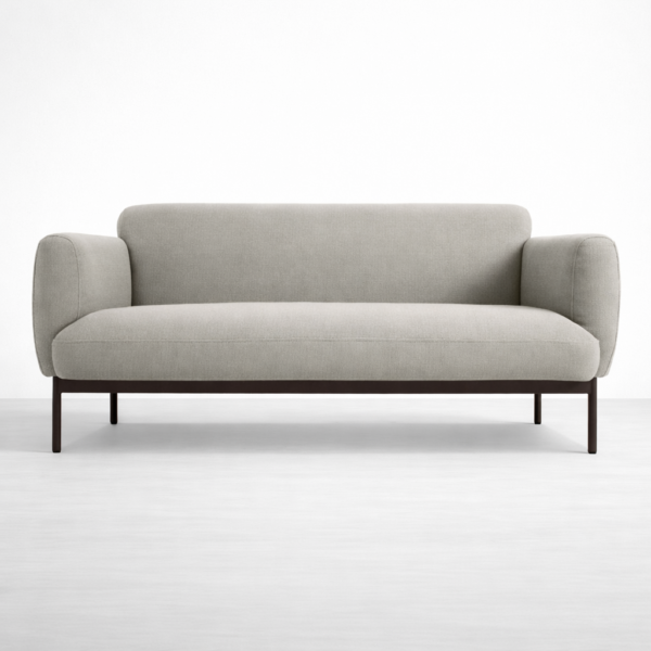 Front view grey linen sofa with metal base three seater by Interiorze