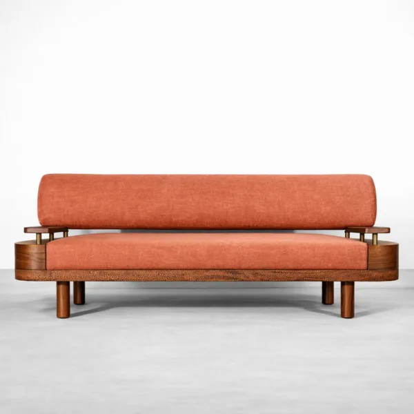 teakwood metal sofa with cane panel and terracotta upholstery front view
