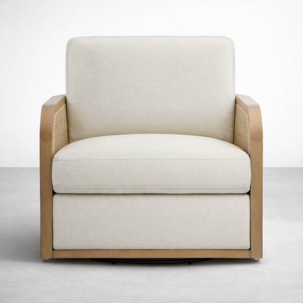 Front view of INTERIORZE Arlo rattan accent chair in ivory upholstery