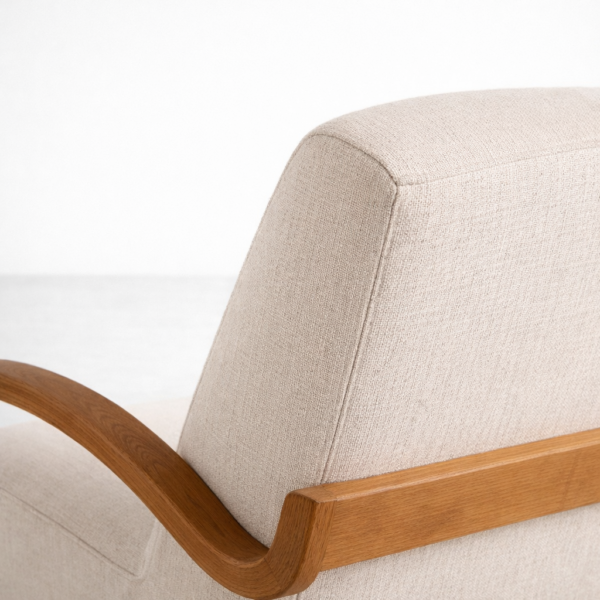 teakwood arm detail on curved lounge chair