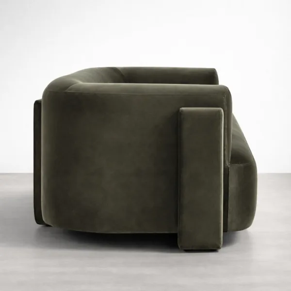 teakwood frame sofa side view in olive velvet