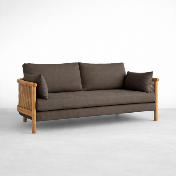 INTERIORZE cane arm 3 seater sofa in charcoal grey with wooden frame