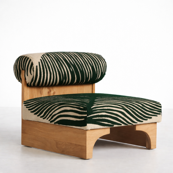 green zebra print teakwood lounge chair