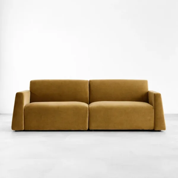 Front view of mustard velvet sofa with teakwood frame by INTERIORZE