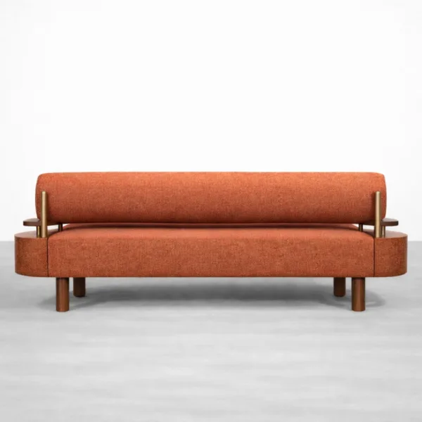 teakwood metal sofa back view with metal support structure