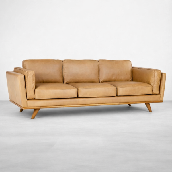 Tan leather 3 seater sofa with wooden base and angled legs by INTERIORZE