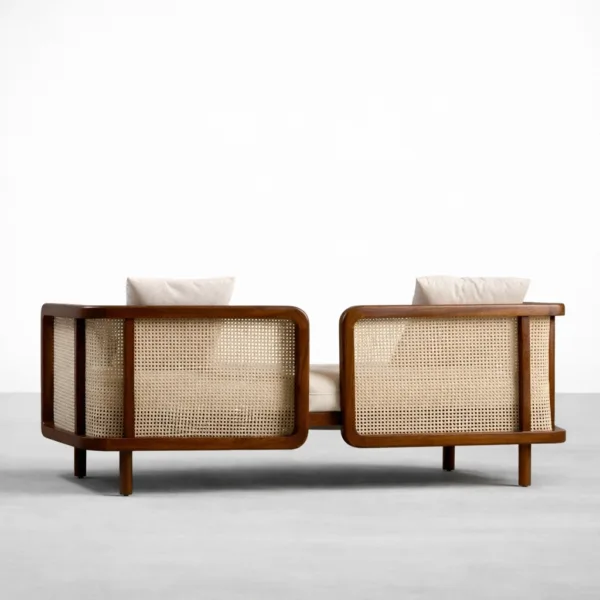 Teakwood cane daybed sofa with beige upholstery and teakwood legs by INTERIORZE back view