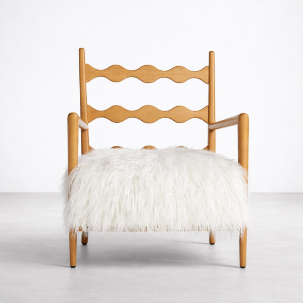 Front view of ash wood faux fur lounge chair with wave ladder back and white seat
