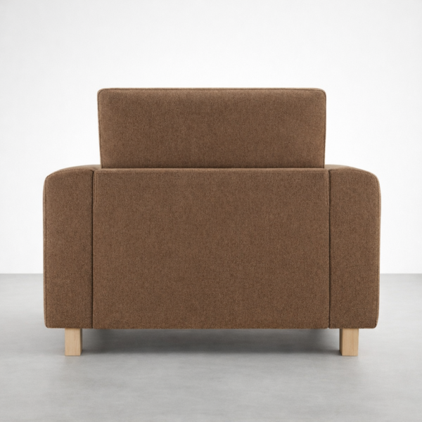 ash wood upholstered armchair back view walnut brown