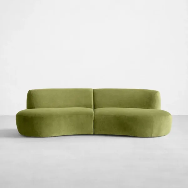 Front view of INTERIORZE Nysa olive green curved 3 seater sofa with organic kidney shape