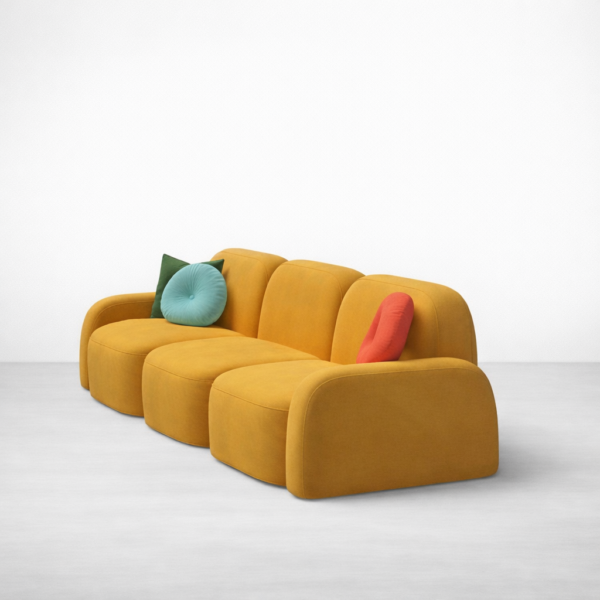 Perspective view of INTERIORZE Navya mustard yellow modular 3 seater sofa showing three rounded modules and low arms