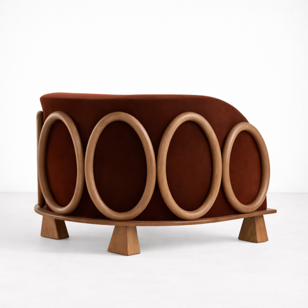 Back view of ash wood ring lounge chair with multiple circular ash wood rings