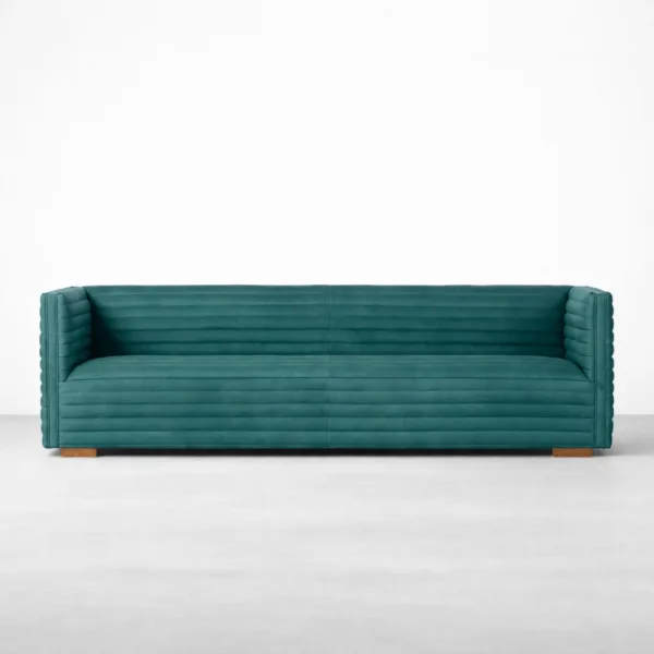 Front view of INTERIORZE Zayan teal channel tufted 3 seater sofa with wooden block feet