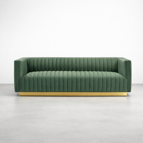 Front view green velvet channel tufted sofa with gold base