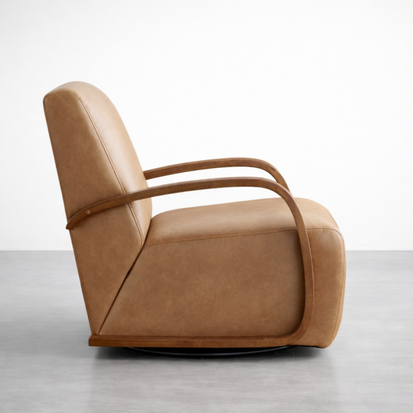 tan leather swivel armchair with teakwood arms side view