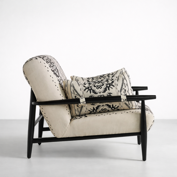 Side view teakwood accent chair with black wooden arm frame
