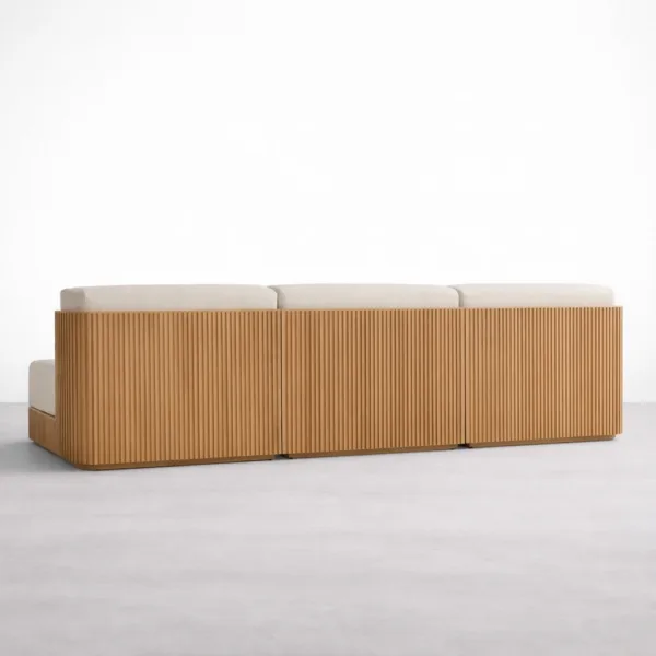 Back view of INTERIORZE Aarav teak wood 3 seater sofa with fluted base and ivory cushions