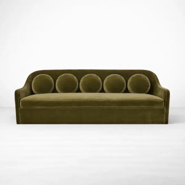 Olive green velvet sofa front view with round cushion back INTERIORZE Aurelia