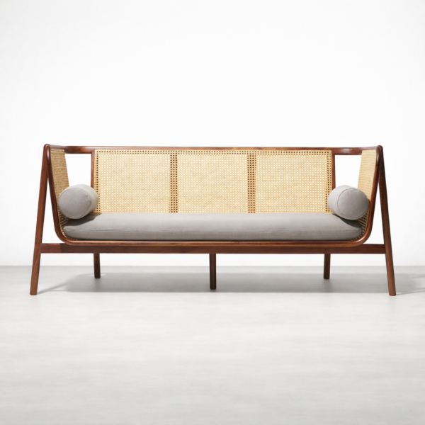 Teakwood rattan sofa with cane back and grey fabric upholstery by INTERIORZE