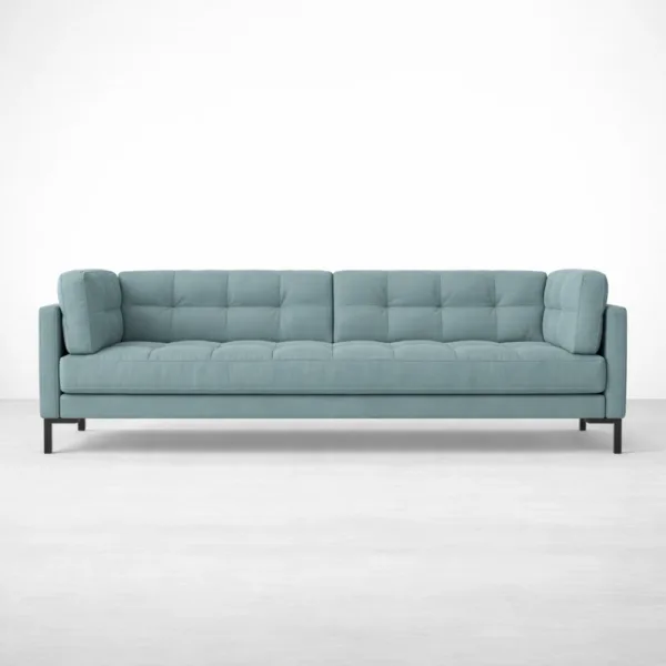 INTERIORZE, Reyaan sofa, blue 3 seater sofa with metal legs, blue fabric sofa, modern 3 seater sofa, tufted sofa, hardwood frame sofa, slim metal legs sofa, living room sofa, contemporary sofa, handcrafted sofa, made to order sofa, customizable sofa, teal blue sofa