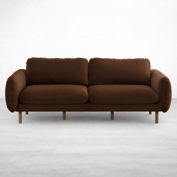 Front view of brown velvet 3 seater sofa with teakwood legs by INTERIORZE