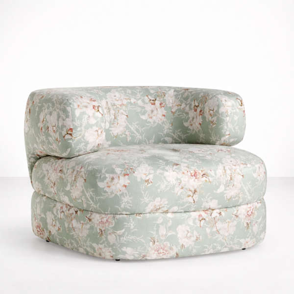 Front view of INTERIORZE sage green floral round accent chair with curved back