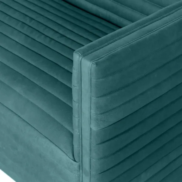 Close up of teal channel tufted upholstery and arm on INTERIORZE Zayan teal channel tufted 3 seater sofa