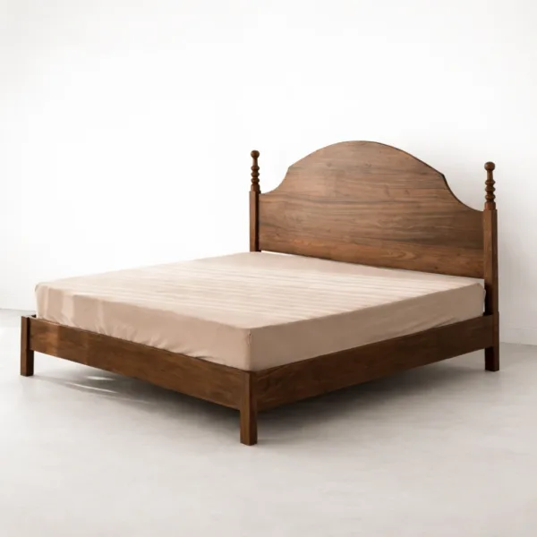 Solid teak wood bed with arched headboard angled view