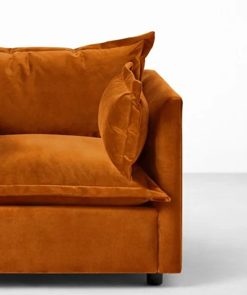 Burnt orange velvet lounge chair velvet cushion close-up, INTERIORZE ARLO