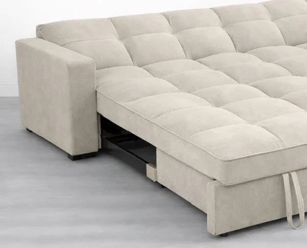 Beige 3 seater sofa cum bed with storage in sofa position