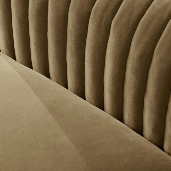 Close up of channel tufted velvet backrest on olive 2 seater sofa