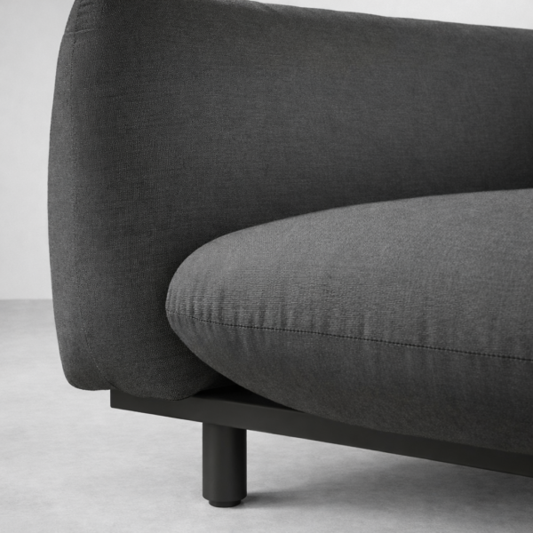 Close-up of INTERIORZE Drift charcoal fabric 2 seater sofa showing upholstery texture and thick seat cushion