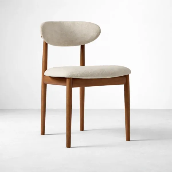 Ivory bouclé teak dining chair front view by INTERIORZE