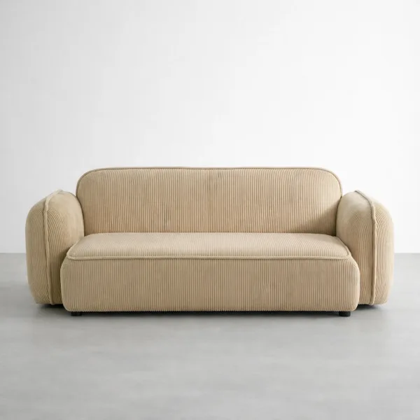 Front view of INTERIORZE Ridge beige corduroy 2 seater sofa with low-profile silhouette and ribbed upholstery