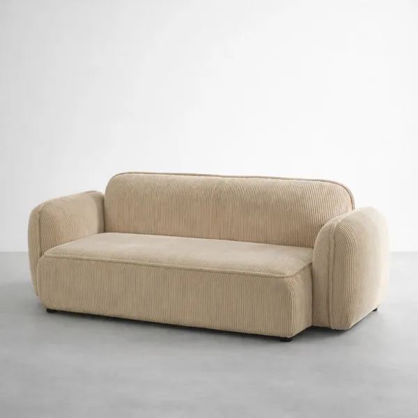 Angled view of INTERIORZE Ridge beige corduroy 2 seater sofa showing wide seat, rounded arms, and piping detail