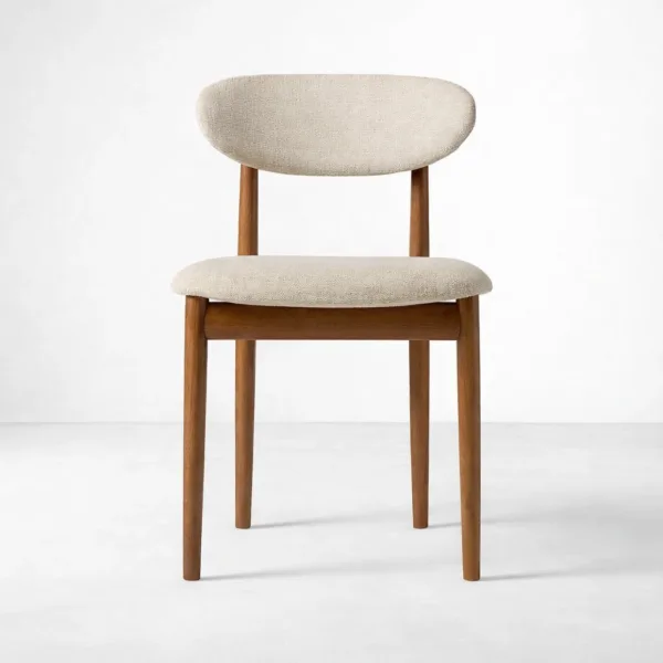 Ivory bouclé teak dining chair straight front view