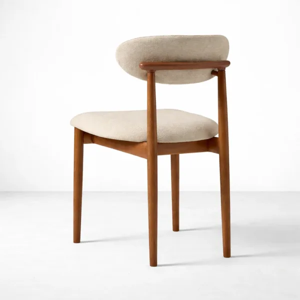 Ivory bouclé teak dining chair back view with teakwood frame