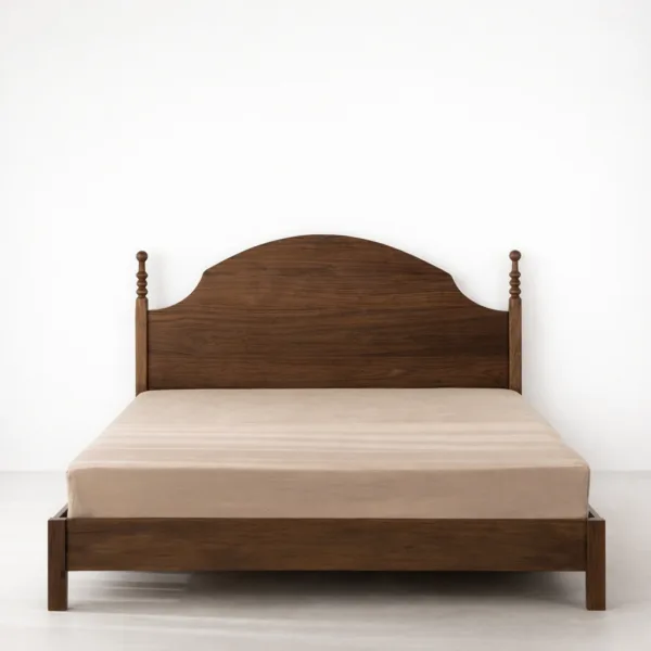 Solid teak wood bed with arched headboard front view